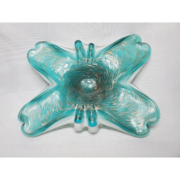 VTG Murano White Case Teal Glass Swirl Ashtray Gold Flake Flower Butterfly Shape